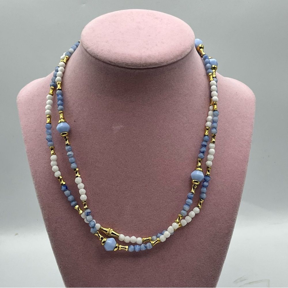 Gold and Blue Beaded Necklace with Iridescent Accents